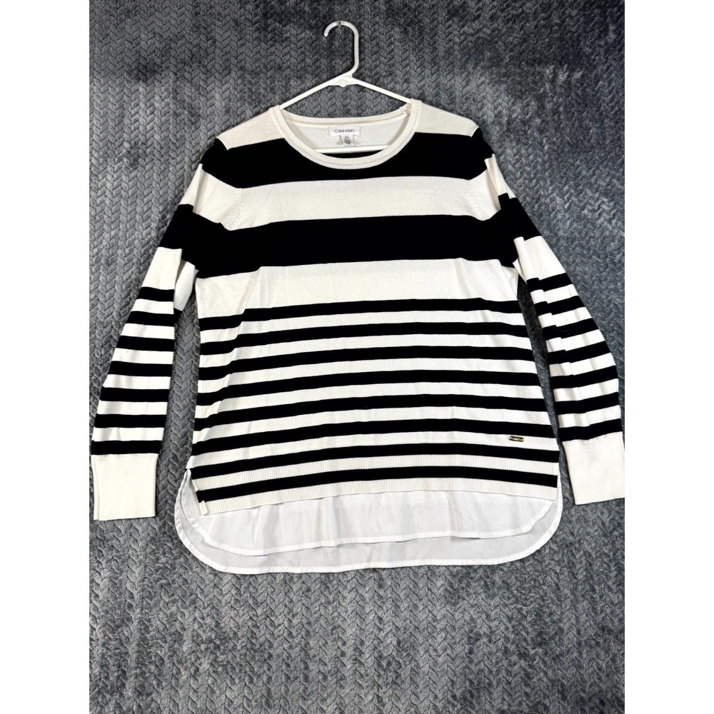 Calvin Klein Sweater Womens Large White Black Knit Striped Crew Neck Layered Hem